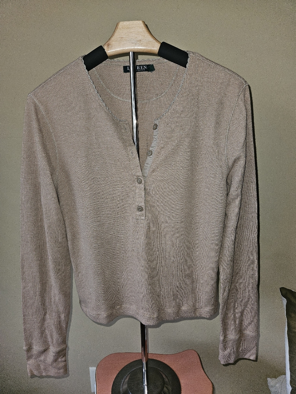 Lauren Ralph Lauren Tan Waffle Knit Long Sleeve Henley Top - Size XL